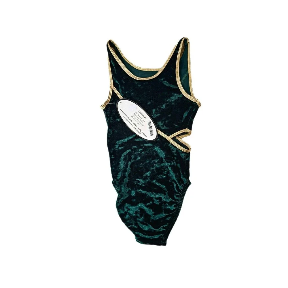 Satara Crushed Velvet Cutout Leotard Green Gold Bling Kids CS Elfcore Fairycore